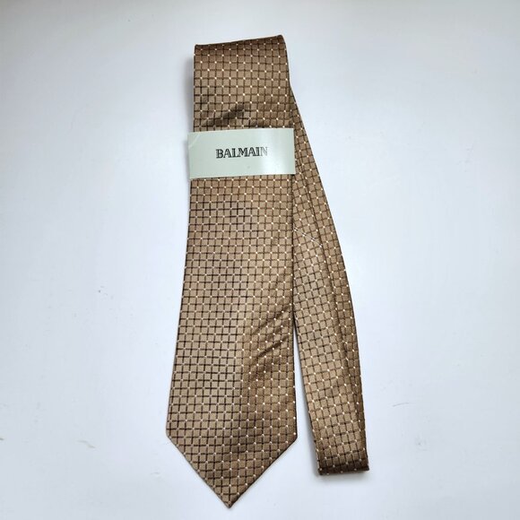 Balmain Necktie Men's Silk Tie 100% Silk Foulard Tie New Brown Grey & White Dots - Picture 1 of 8